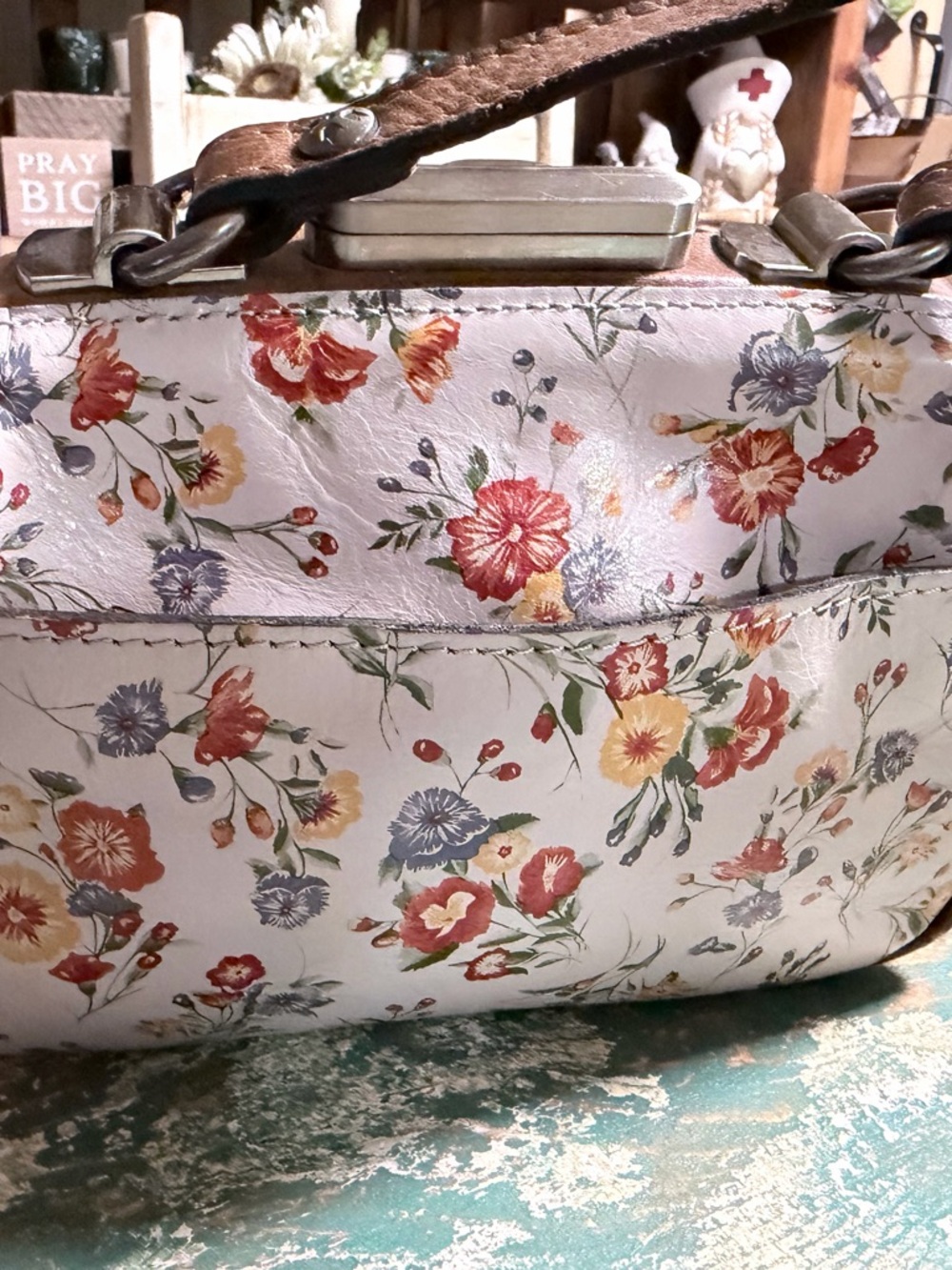 Patricia Nash White Floral Crossbody Bag with Brown Strap